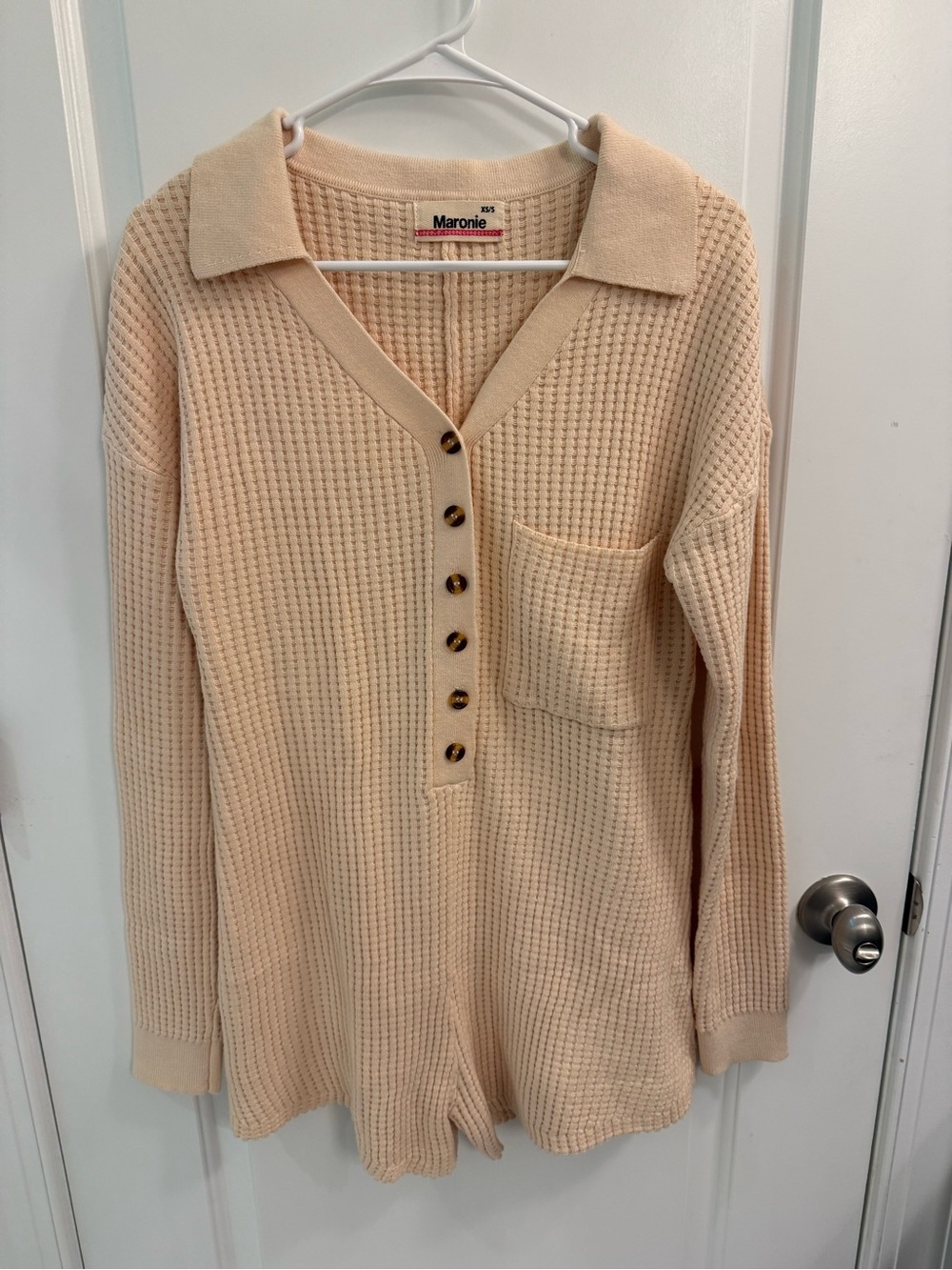 Maronie Waffle Knit Long Sleeve Button Down Romper Cream XS/S
